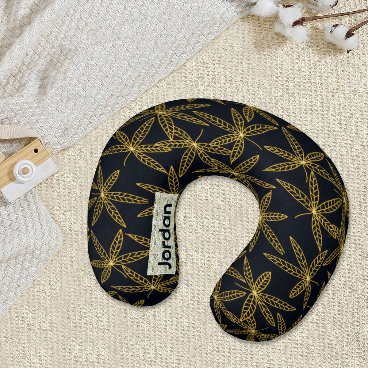 Personalized Gold Botanical Leaf Travel Neck Pillow with Name | Memory Foam, Detachable Washable Cover | Luxury Custom Gift