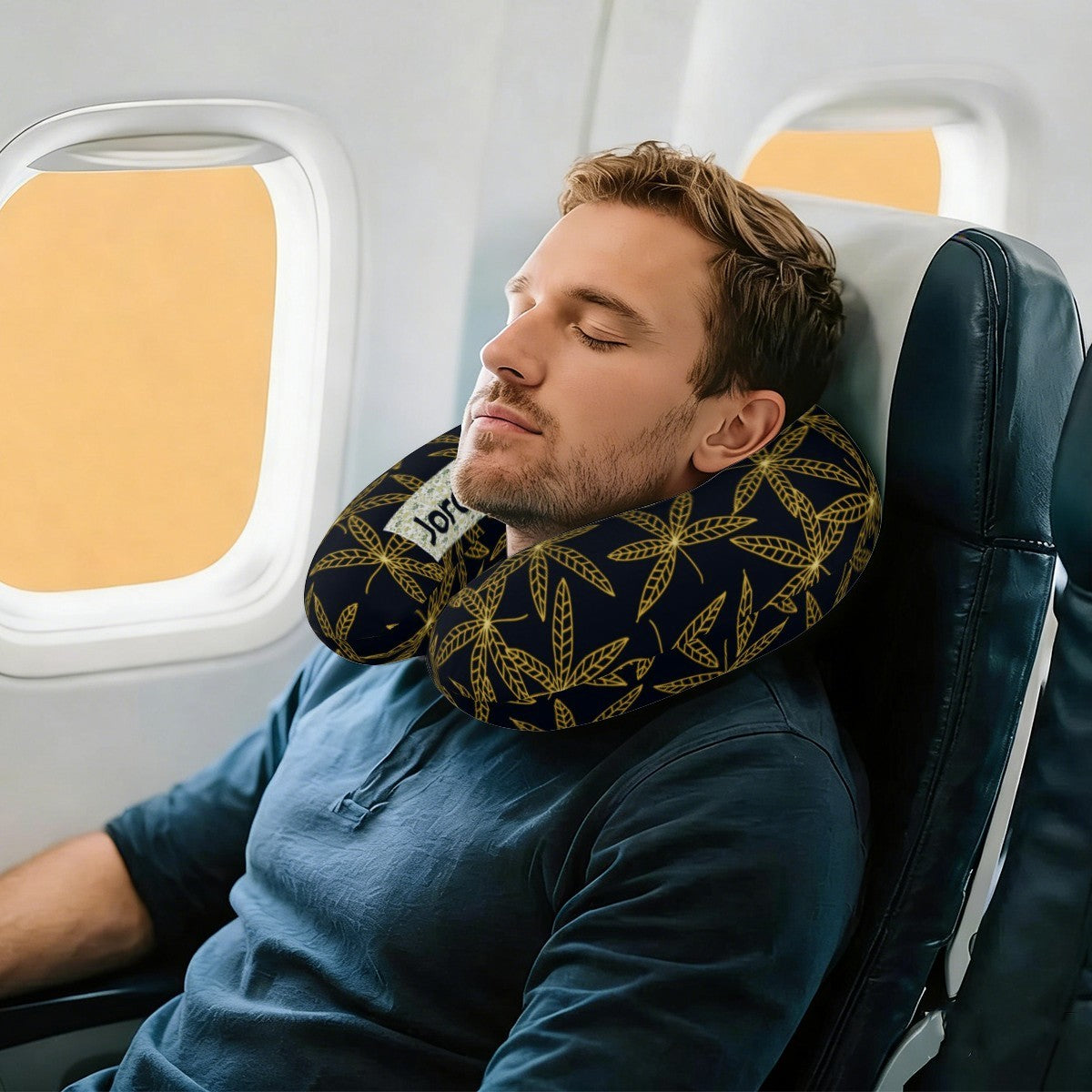 Personalized Gold Botanical Leaf Travel Neck Pillow with Name | Memory Foam, Detachable Washable Cover | Luxury Custom Gift