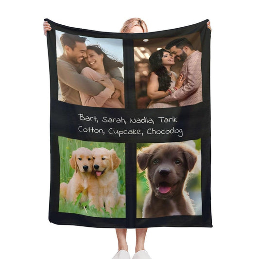 Personalized Photo Collage Blanket with Names — Custom Throw with 4 Photos, Unique Gift for Family, Couples, Pets & Memorials