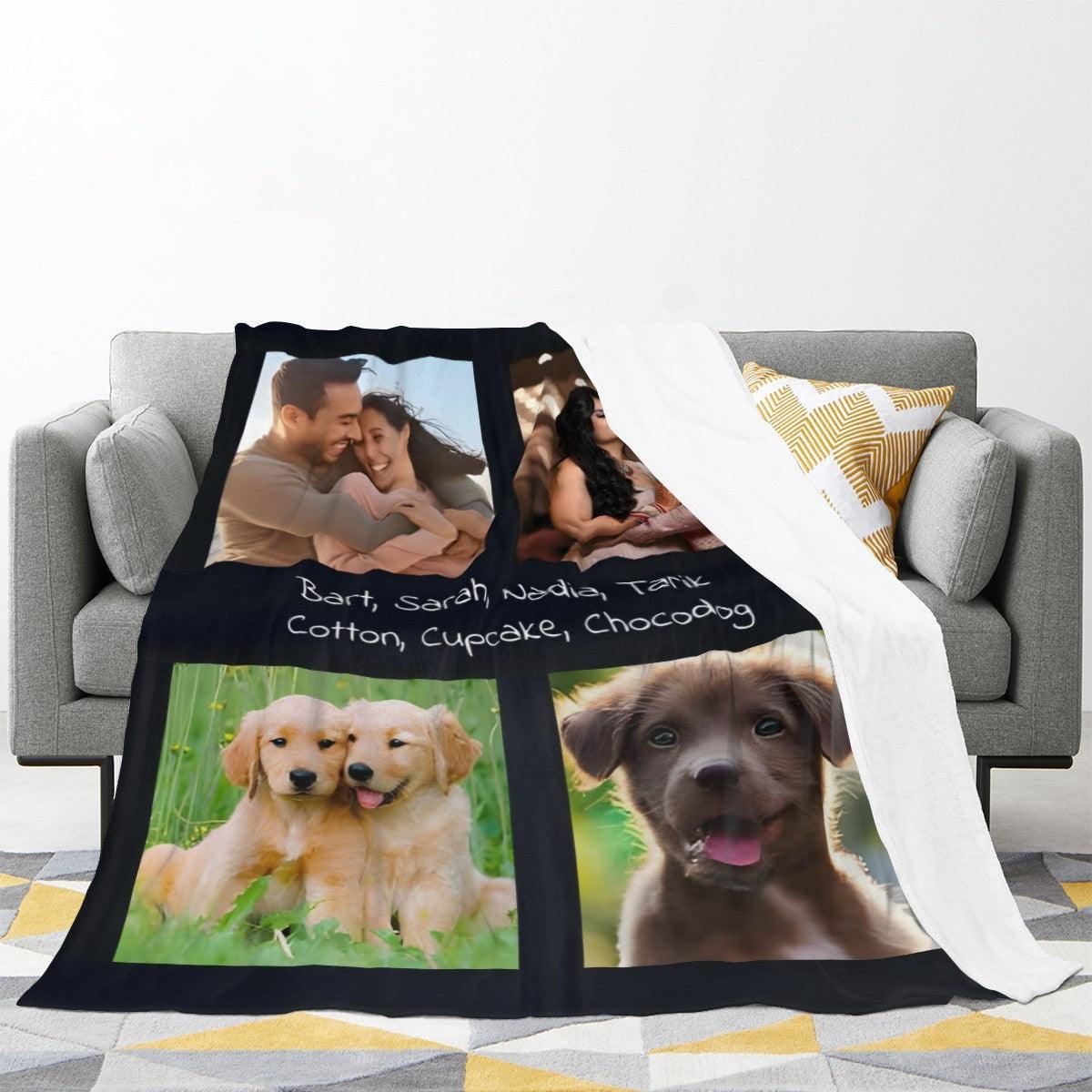 Personalized Photo Collage Blanket with Names — Custom Throw with 4 Photos, Unique Gift for Family, Couples, Pets & Memorials