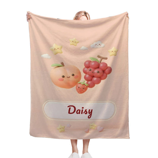 Personalized Kawaii Fruit Blanket | Custom Name Gift Kawaii Throw | Peach, Grapes, Strawberry