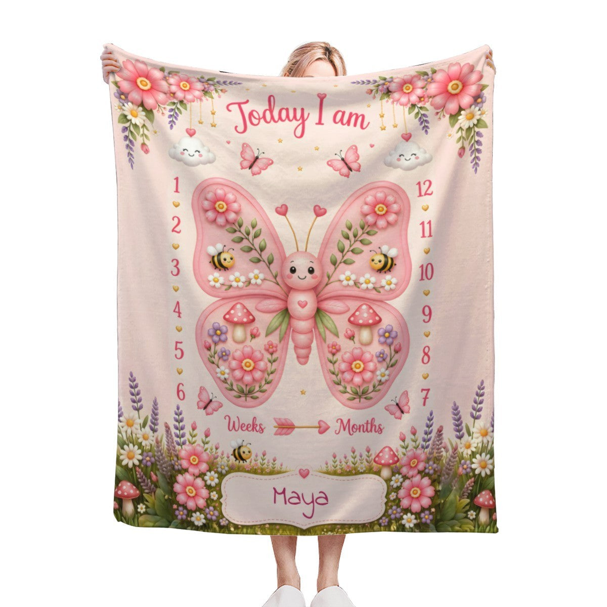 Personalized Baby Milestone Blanket with Name - Butterfly Garden Design with Month Numbers, Meadow Border, and Baby Name on Cream Oval Plaque - Newborn Photoshoot Prop
