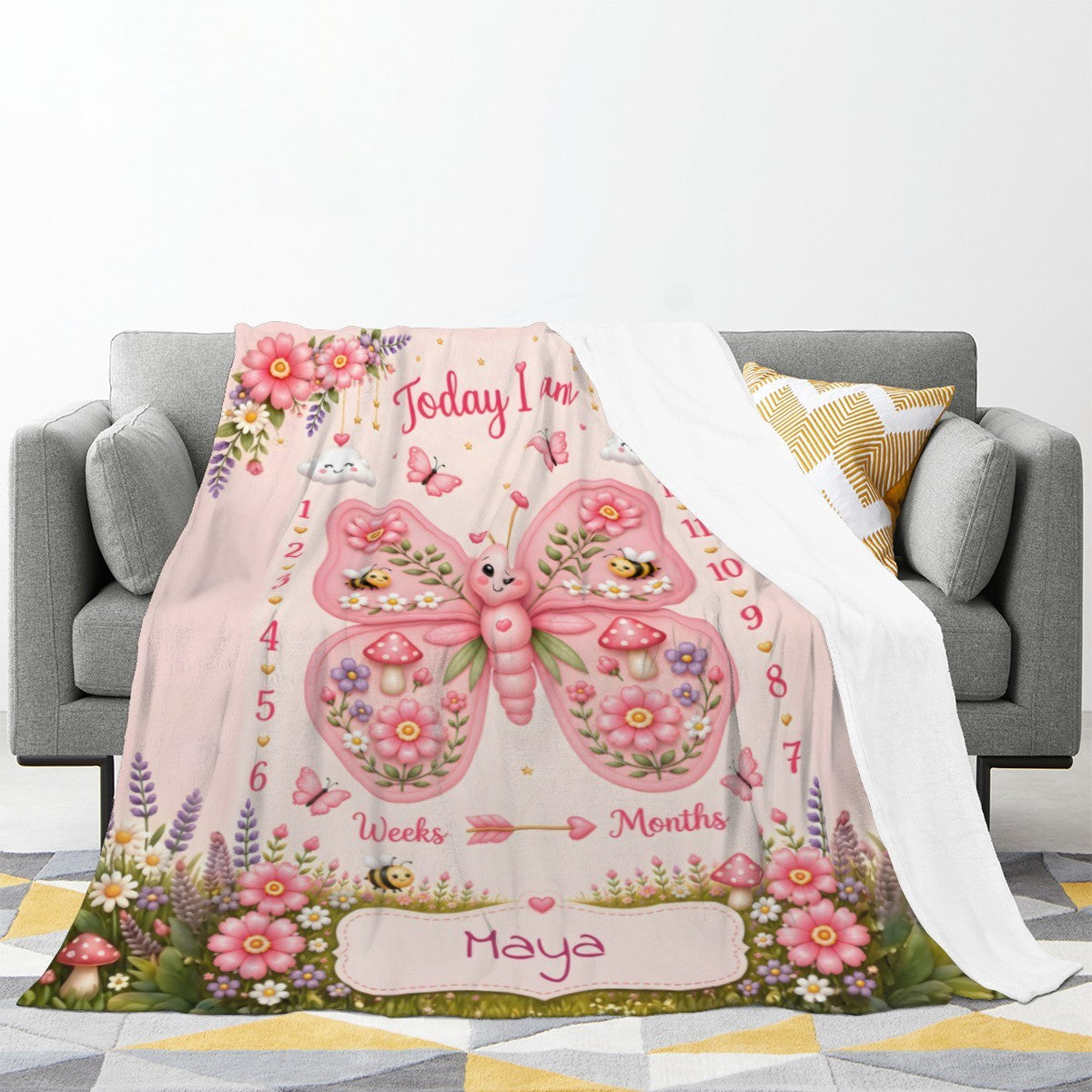 Personalized Baby Milestone Blanket with Name - Butterfly Garden Design with Month Numbers, Meadow Border, and Baby Name on Cream Oval Plaque - Newborn Photoshoot Prop