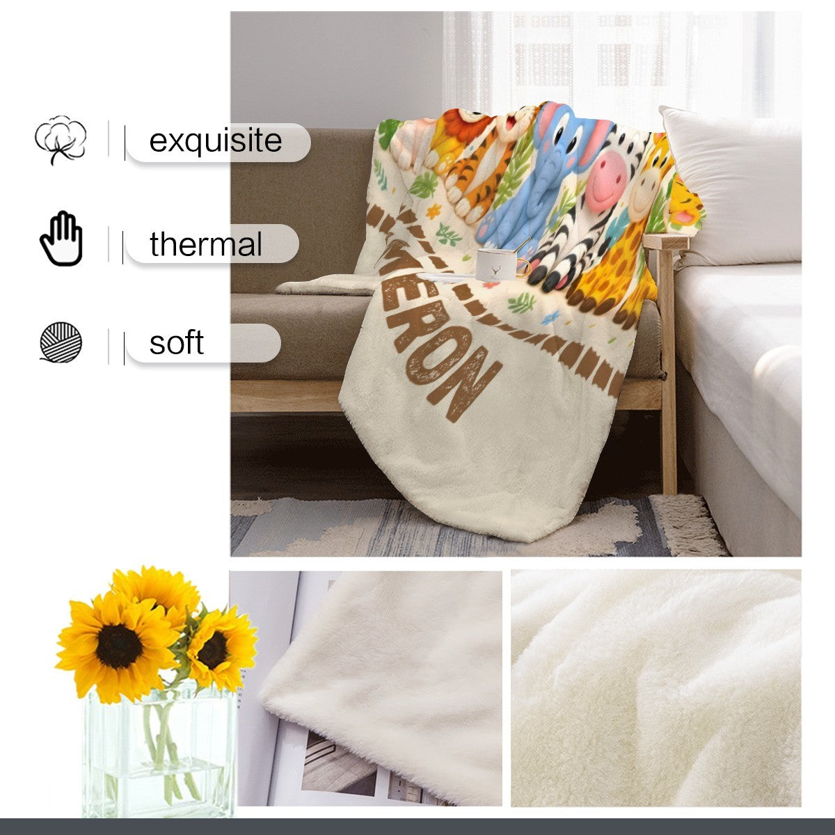 Personalized Safari Animals Blanket with Name | All-Cream Stitch Border Design | Custom Baby Gift