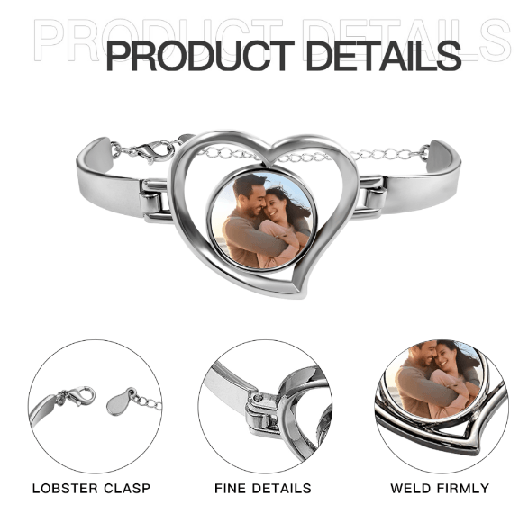 Custom Photo Heart Bangle Bracelet | Personalized Round Photo Charm in Open Heart | Silver
