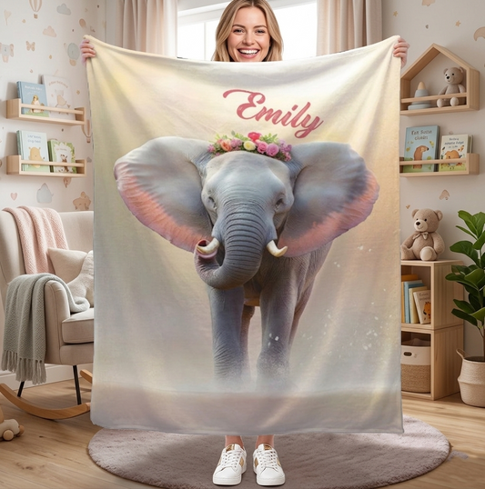 Personalized Elephant Blanket with Name | Floral Crown Design | Custom Gift for Girls, Women & Elephant Lovers