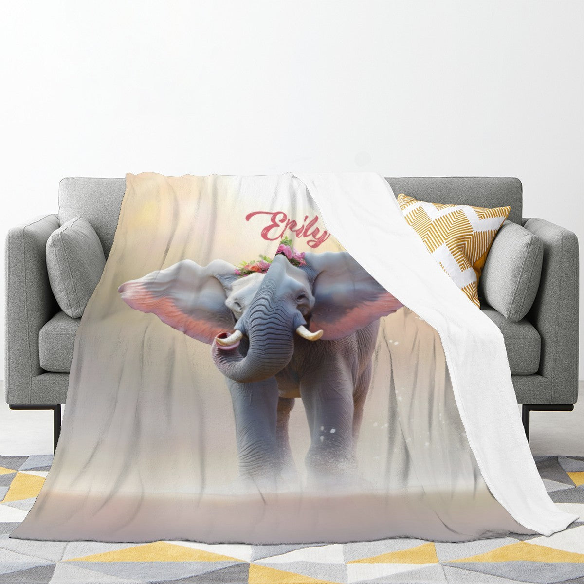 Personalized Elephant Blanket with Name | Floral Crown Design | Custom Gift for Girls, Women & Elephant Lovers