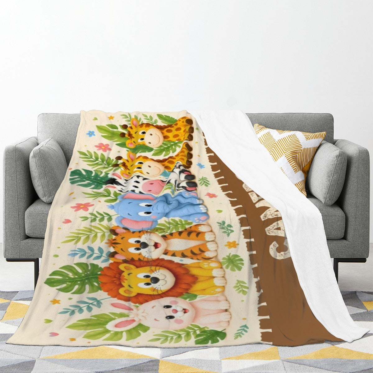 Personalized Safari Animals Blanket with Name | Cartoon Row Design | Custom Baby & Kids Gift