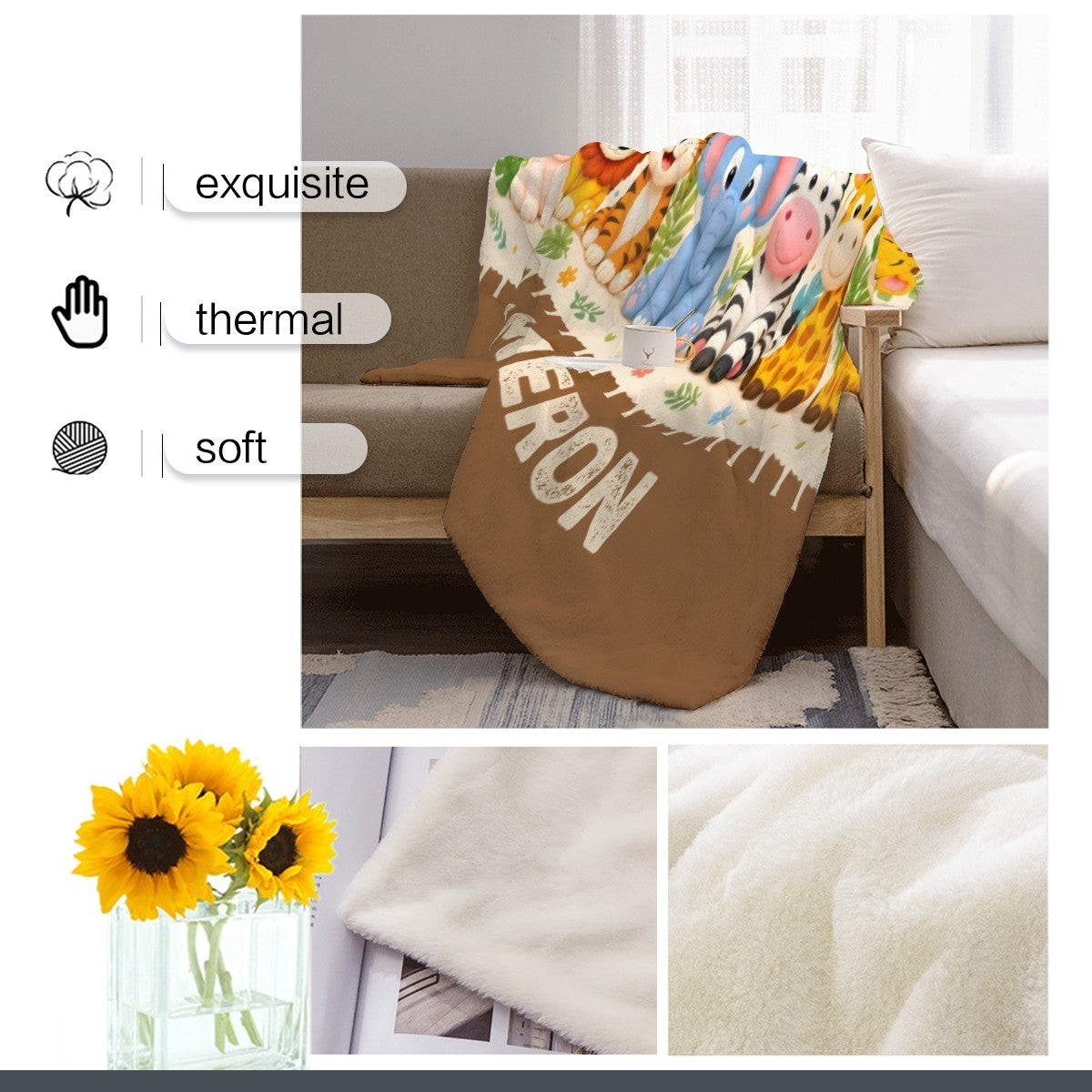 Personalized Safari Animals Blanket with Name | Cartoon Row Design | Custom Baby & Kids Gift