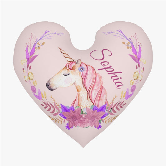 Personalized Unicorn Heart Pillow with Name | Watercolor Unicorn Portrait, Purple Botanical Wreath, Blush Pink Velvet | Custom Gift for Girls