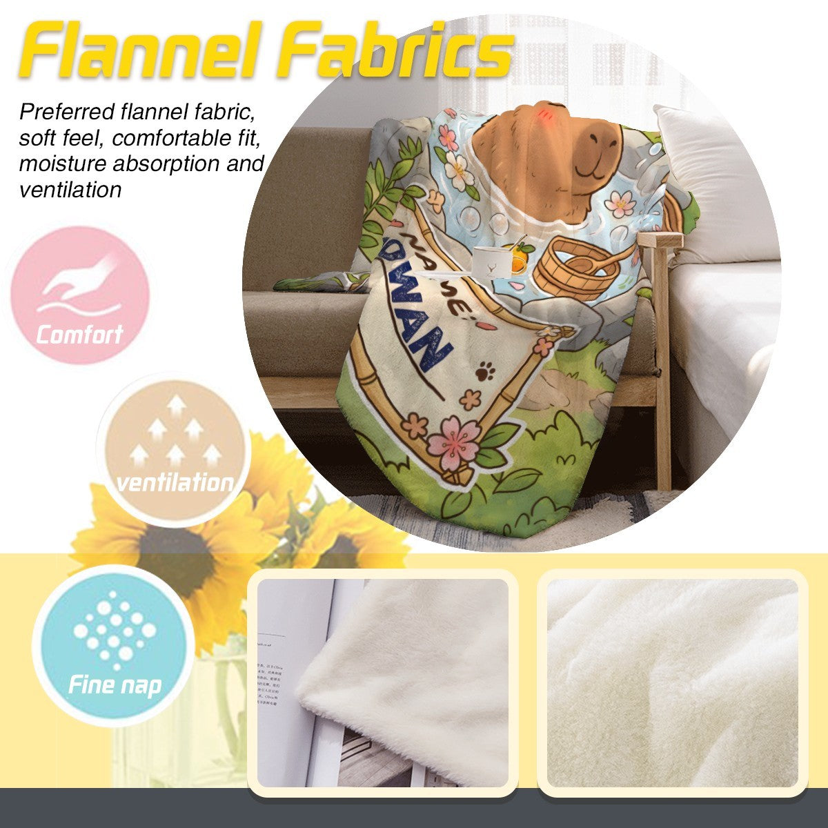 Personalized Capybara Hot Spring Blanket with Name | Kawaii Capybara in Japanese Onsen, Cherry Blossoms, Name on Bamboo Sign | Custom Gift for Capybara Lovers