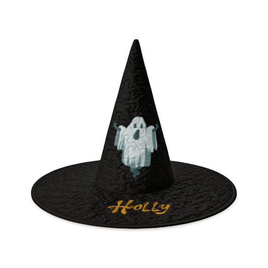 Personalized Ghost Halloween Witch Hat with Custom Name - Illustrated Ghost Character on All-Black Quilted Costume Hat for Adults and Teens