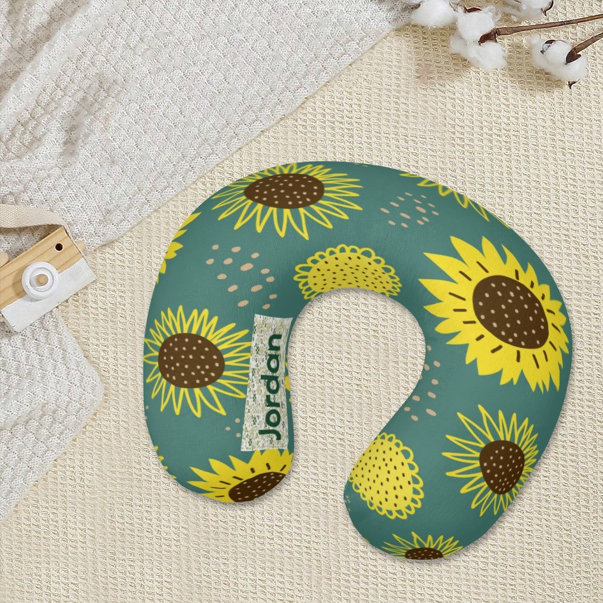 Personalized Sunflower Travel Neck Pillow with Name | Memory Foam, Detachable Washable Cover | Custom Gift for Sunflower Lovers