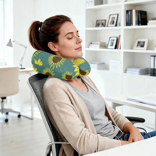 Personalized Sunflower Travel Neck Pillow with Name | Memory Foam, Detachable Washable Cover | Custom Gift for Sunflower Lovers