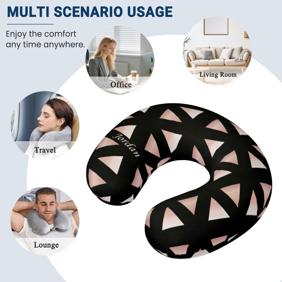 Personalized Geometric Triangle Travel Neck Pillow with Name | Memory Foam, Detachable Washable Cover | Custom Gift for Teens