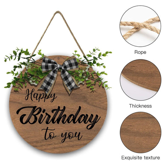 Personalized Happy Birthday Round Wooden Sign | Custom Name & Age | Gingham Bow & Greenery