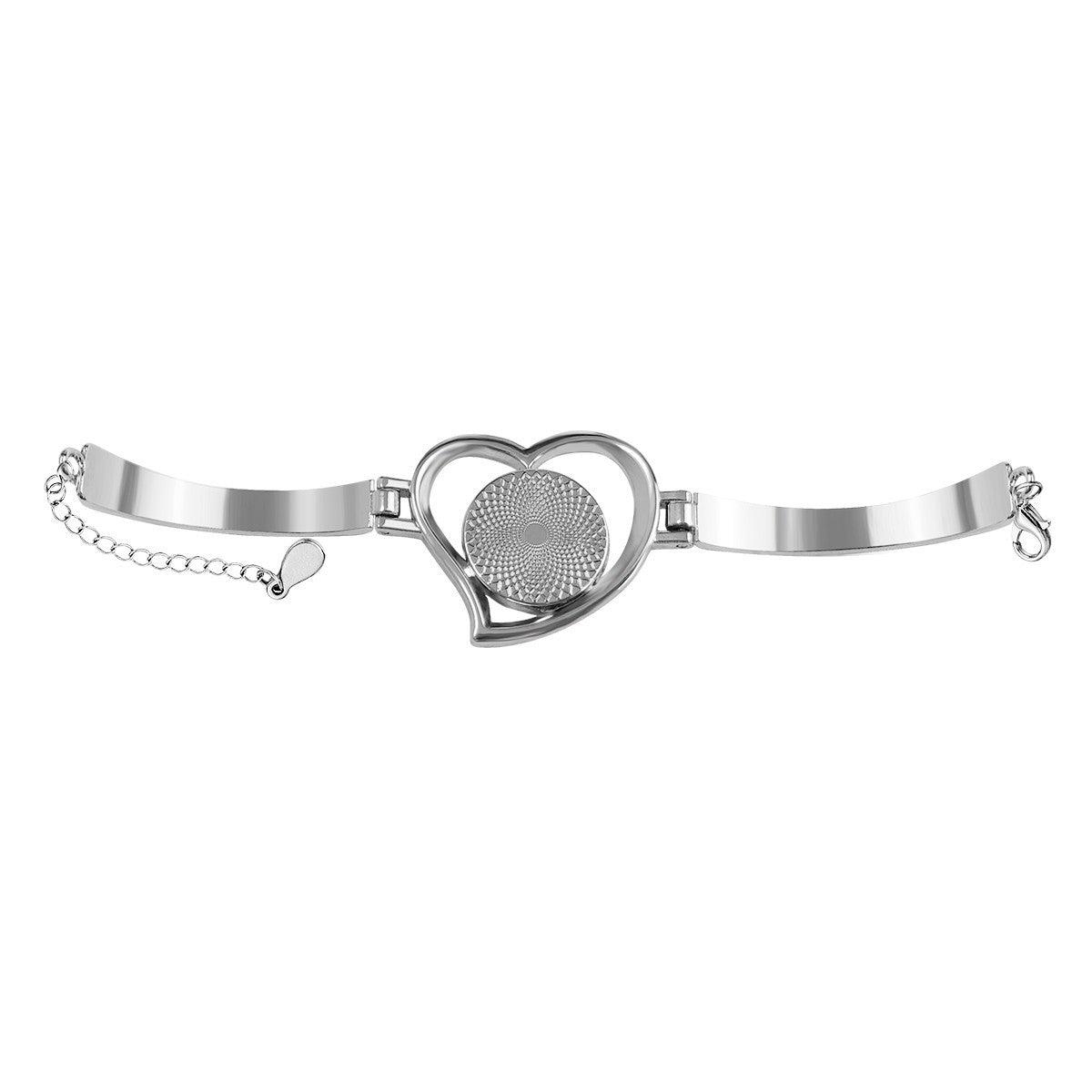Custom Photo Heart Bangle Bracelet | Personalized Round Photo Charm in Open Heart | Silver