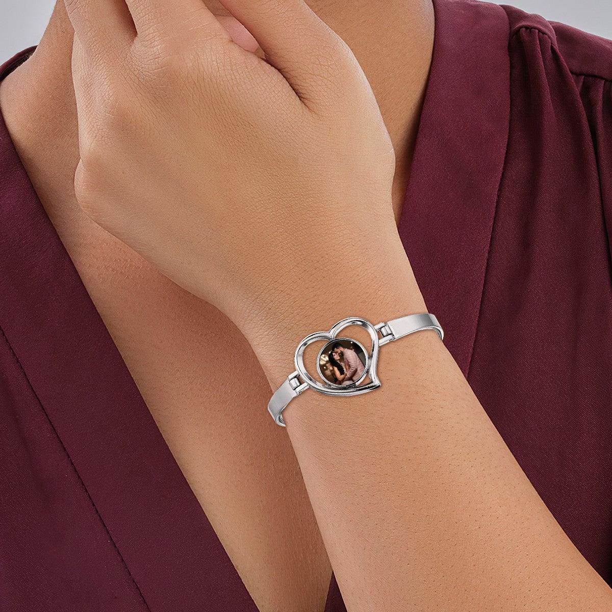 Custom Photo Heart Bangle Bracelet | Personalized Round Photo Charm in Open Heart | Silver
