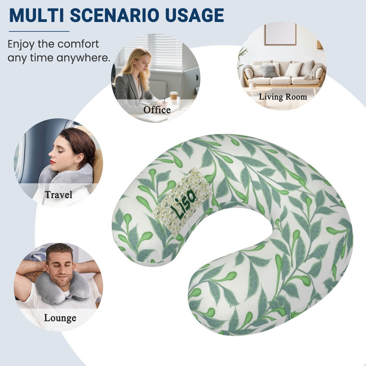 Personalized Botanical Leaf Travel Neck Pillow with Name | Memory Foam, Detachable Washable Cover | Custom Gift for Nature Lovers