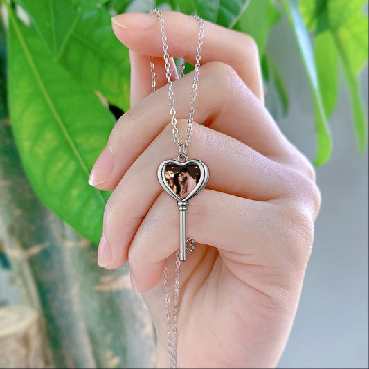 Custom Photo Heart Key Necklace | Personalized Key Pendant with Heart Photo | Silver