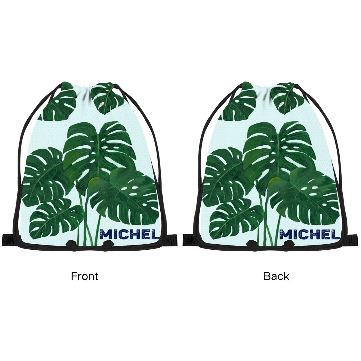 Personalized Monstera Leaf Drawstring Bag with Custom Name - Tropical Plant Gym School and Beach Bag for Kids and Adults
