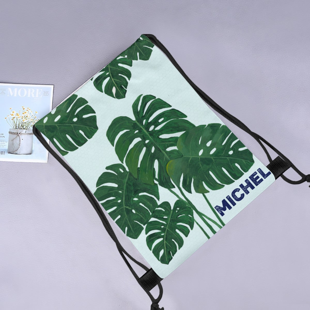 Personalized Monstera Leaf Drawstring Bag with Custom Name - Tropical Plant Gym School and Beach Bag for Kids and Adults