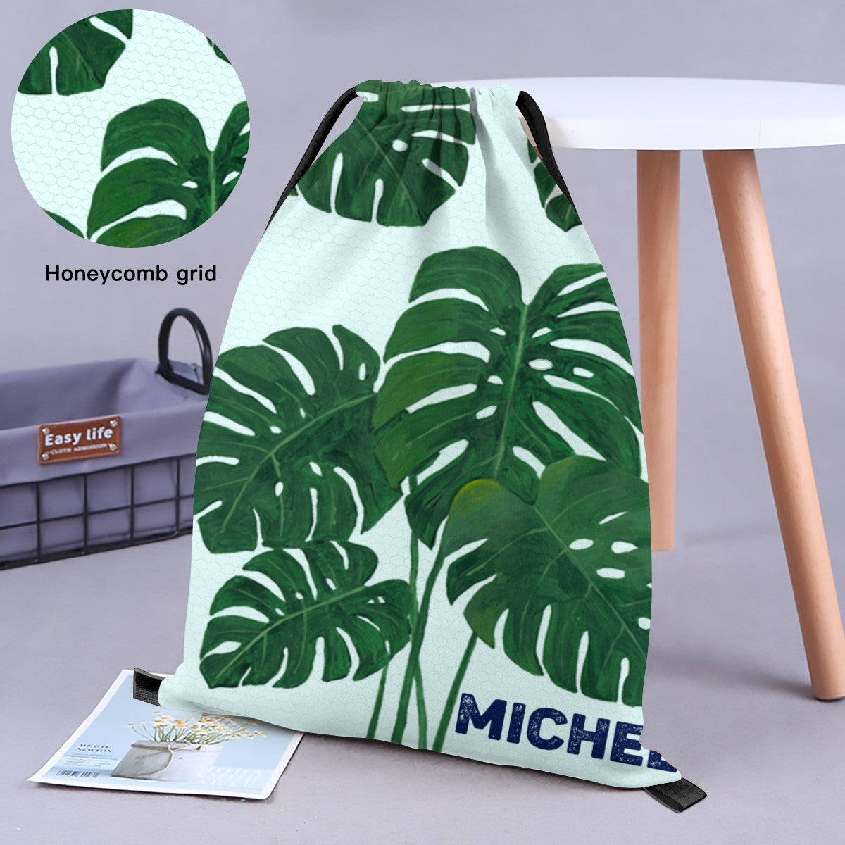 Personalized Monstera Leaf Drawstring Bag with Custom Name - Tropical Plant Gym School and Beach Bag for Kids and Adults
