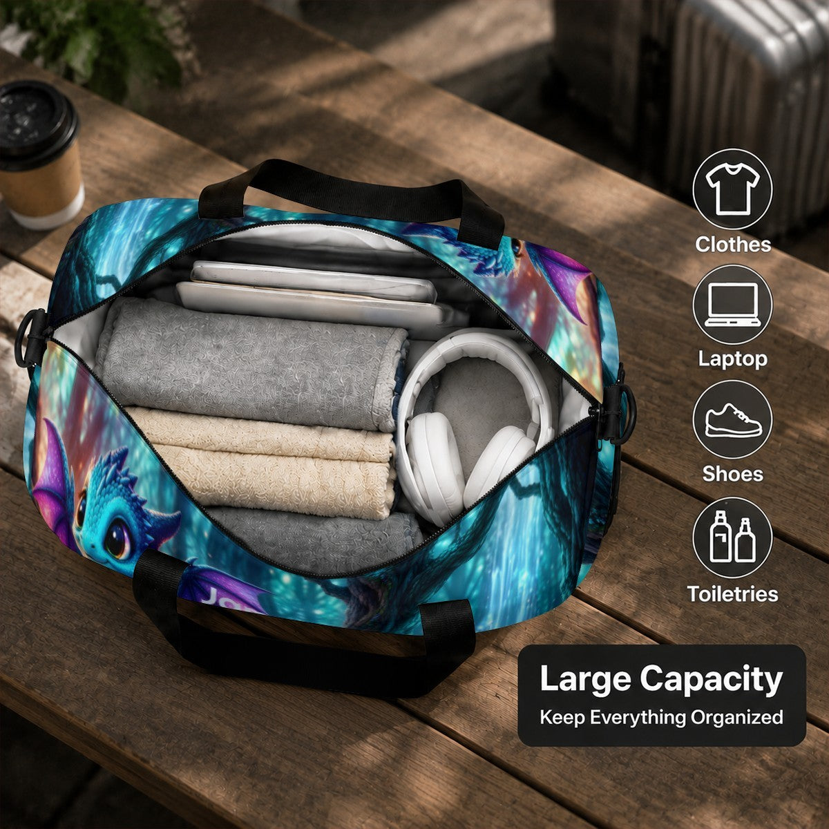 Personalized Enchanted Forest Dragon Duffel Bag with Custom Name – Baby Travel, Gym & Weekend Bag