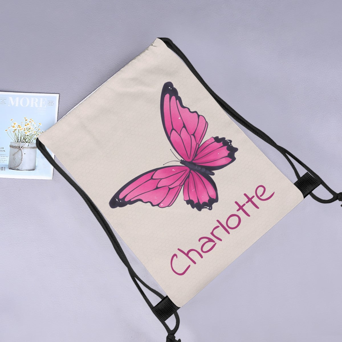 Personalized Butterfly Bag with Name - Custom Hot Pink Butterfly Drawstring Bag for Girls - Butterfly Gift for School Gym and Beach