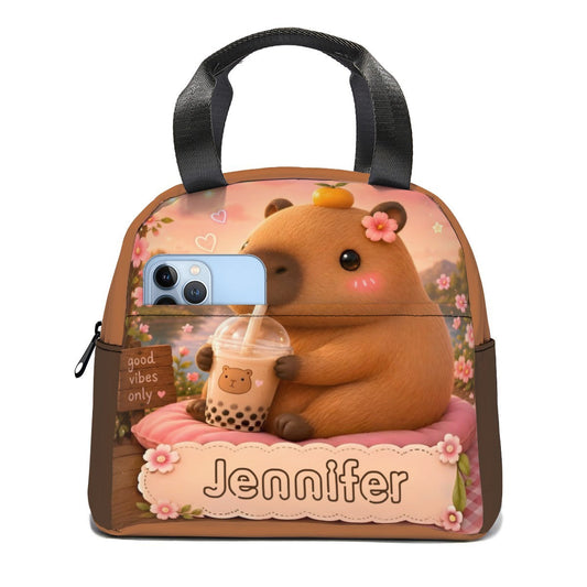 Personalized Capybara Lunch Bag with Name - Kawaii Capybara Boba Tea Design on Insulated Tote with Front Zip Pocket - Custom Gift for Teen Girls