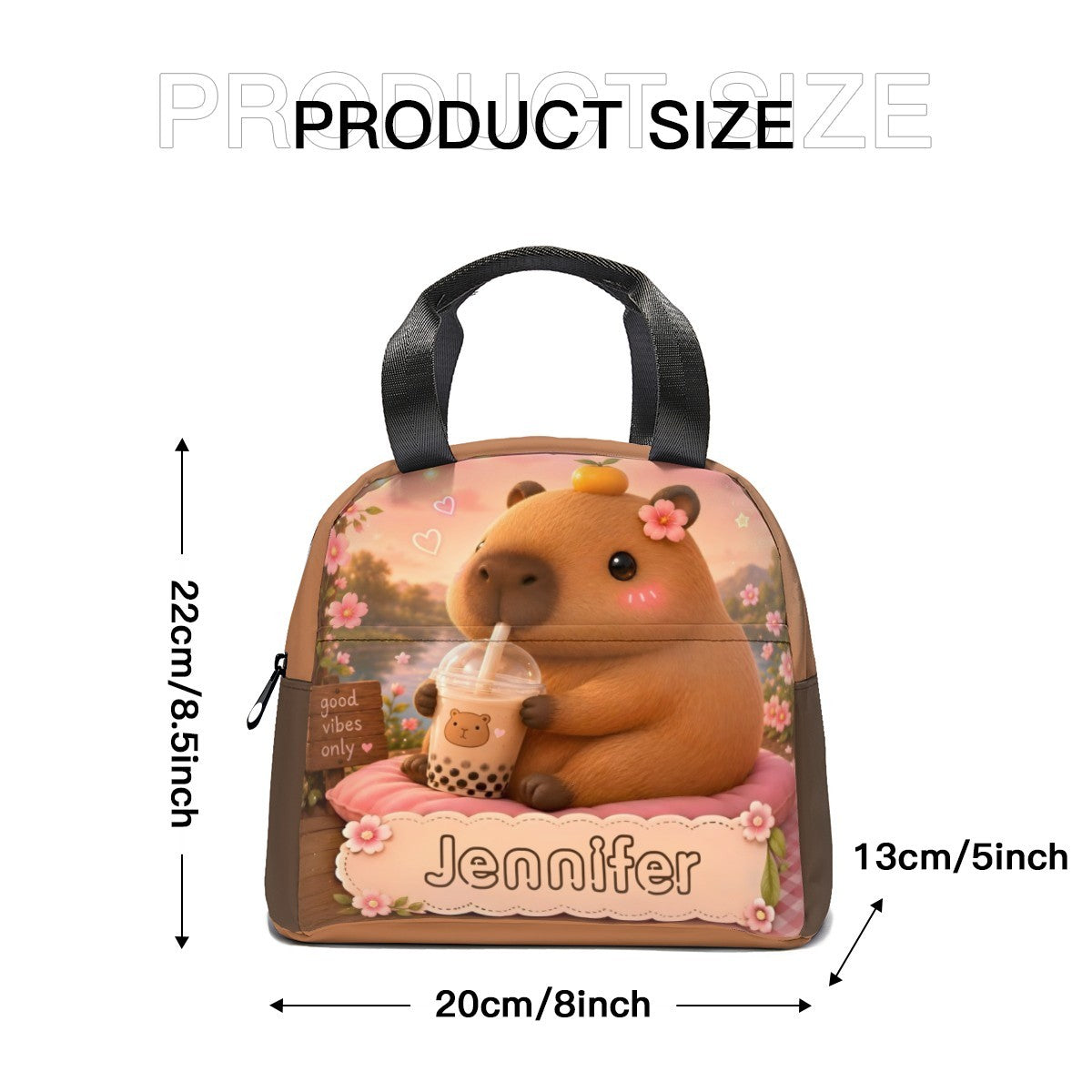 Personalized Capybara Lunch Bag with Name - Kawaii Capybara Boba Tea Design on Insulated Tote with Front Zip Pocket - Custom Gift for Teen Girls