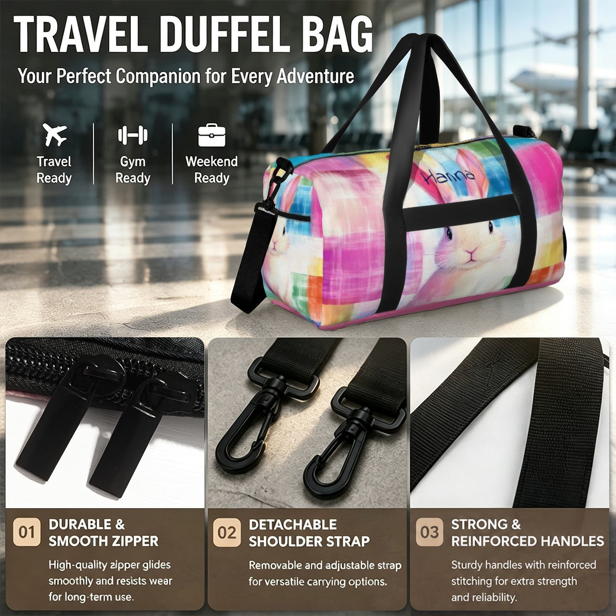 Personalized Watercolor Bunny Duffel Bag with Custom Name – Colorful Travel, Gym & Weekend Bag