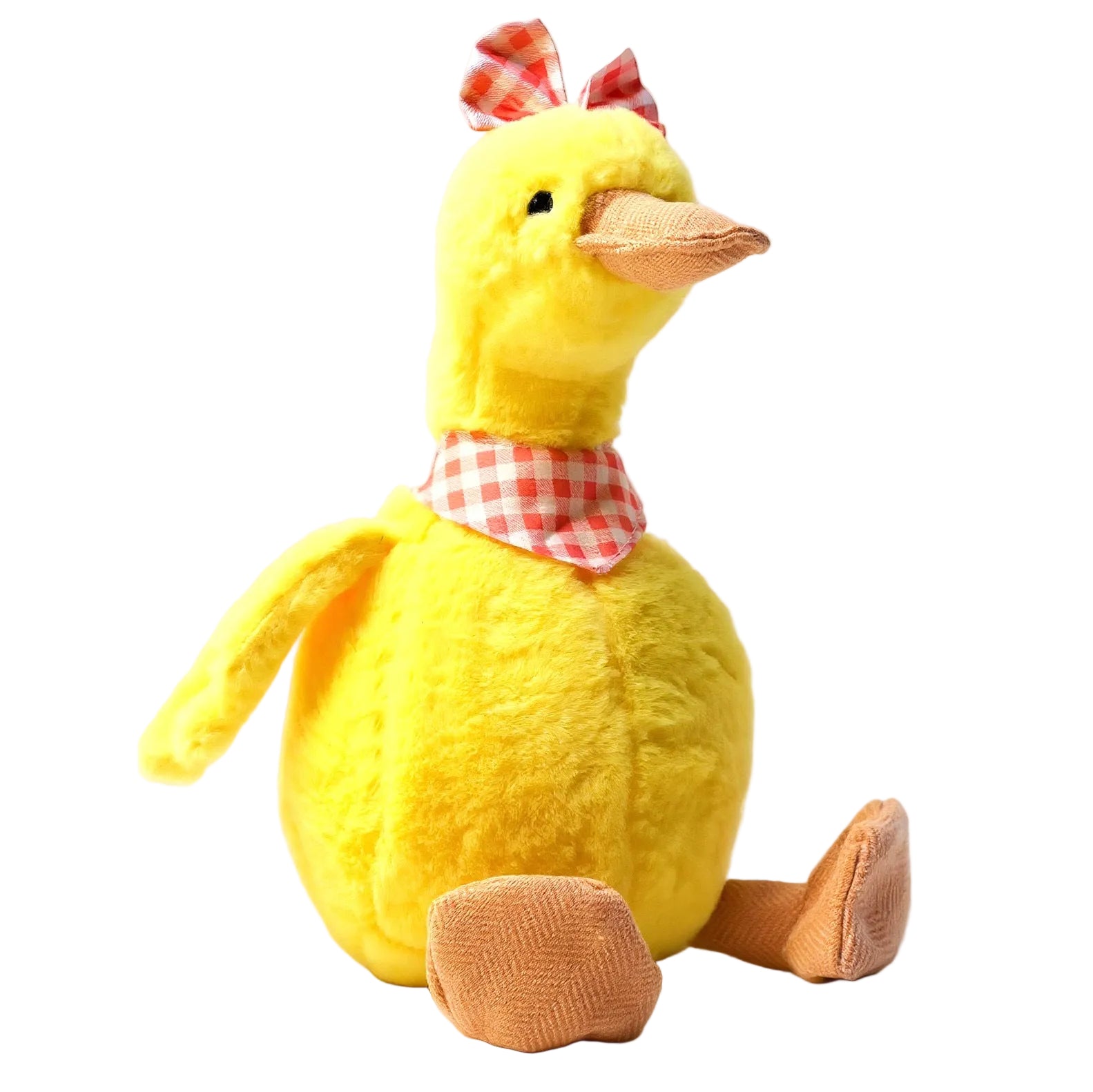 Yellow Duck Plush Toy with a checkered scarf and soft texture.