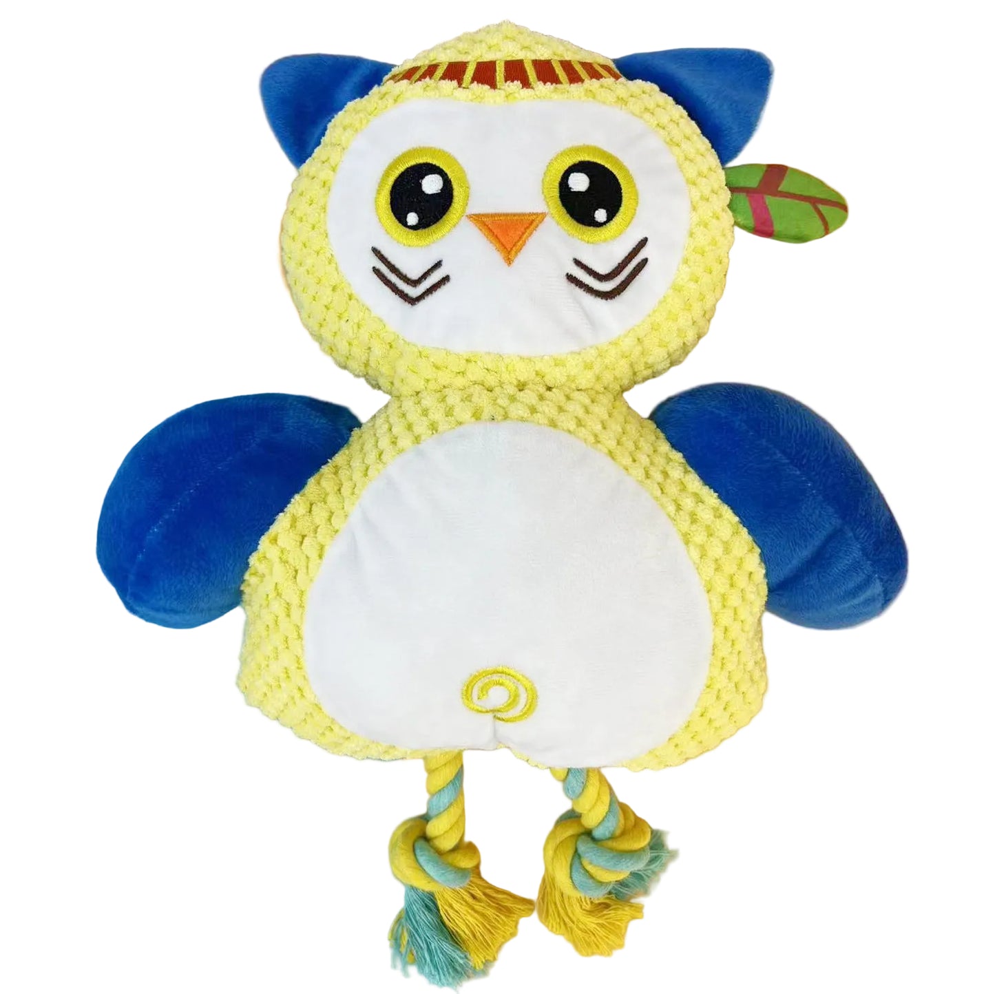 Yellow owl-shaped plush toy with blue wings on a blue and yellow gradient background