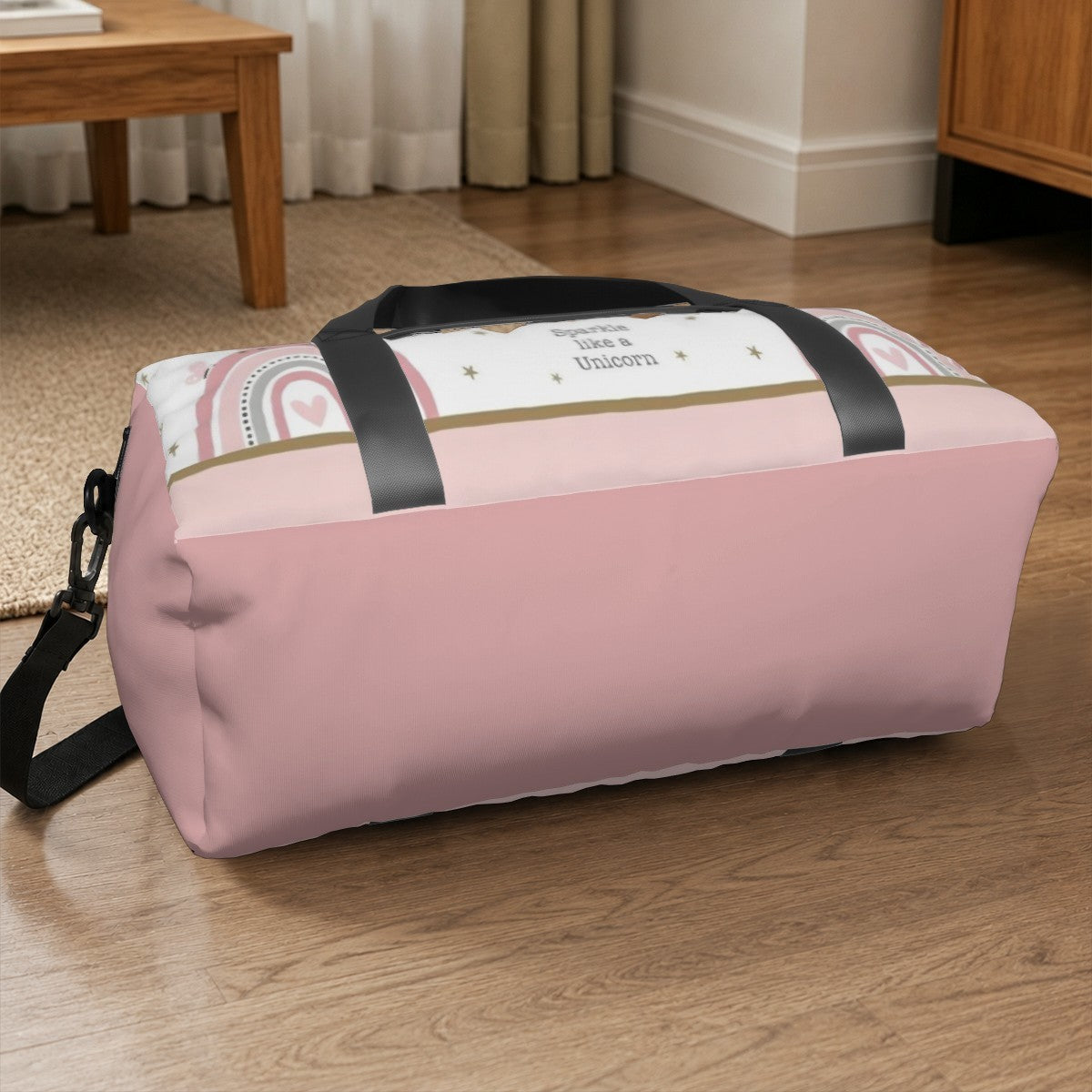 Personalized Pink Sparkle like a Unicorn Rainbow Duffel Bag with Custom Name and Heart – Boho Travel, Gym & Weekend Bag