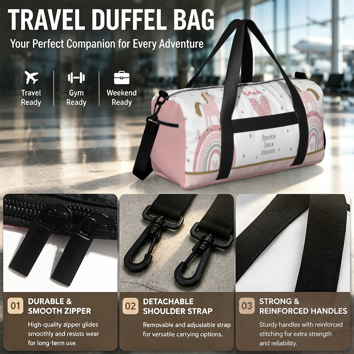Personalized Pink Sparkle like a Unicorn Rainbow Duffel Bag with Custom Name and Heart – Boho Travel, Gym & Weekend Bag