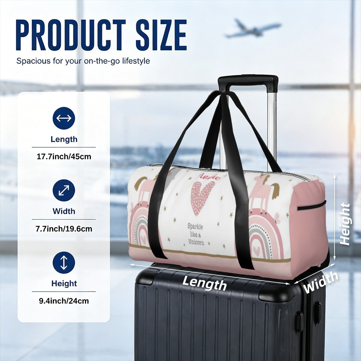 Personalized Pink Sparkle like a Unicorn Rainbow Duffel Bag with Custom Name and Heart – Boho Travel, Gym & Weekend Bag