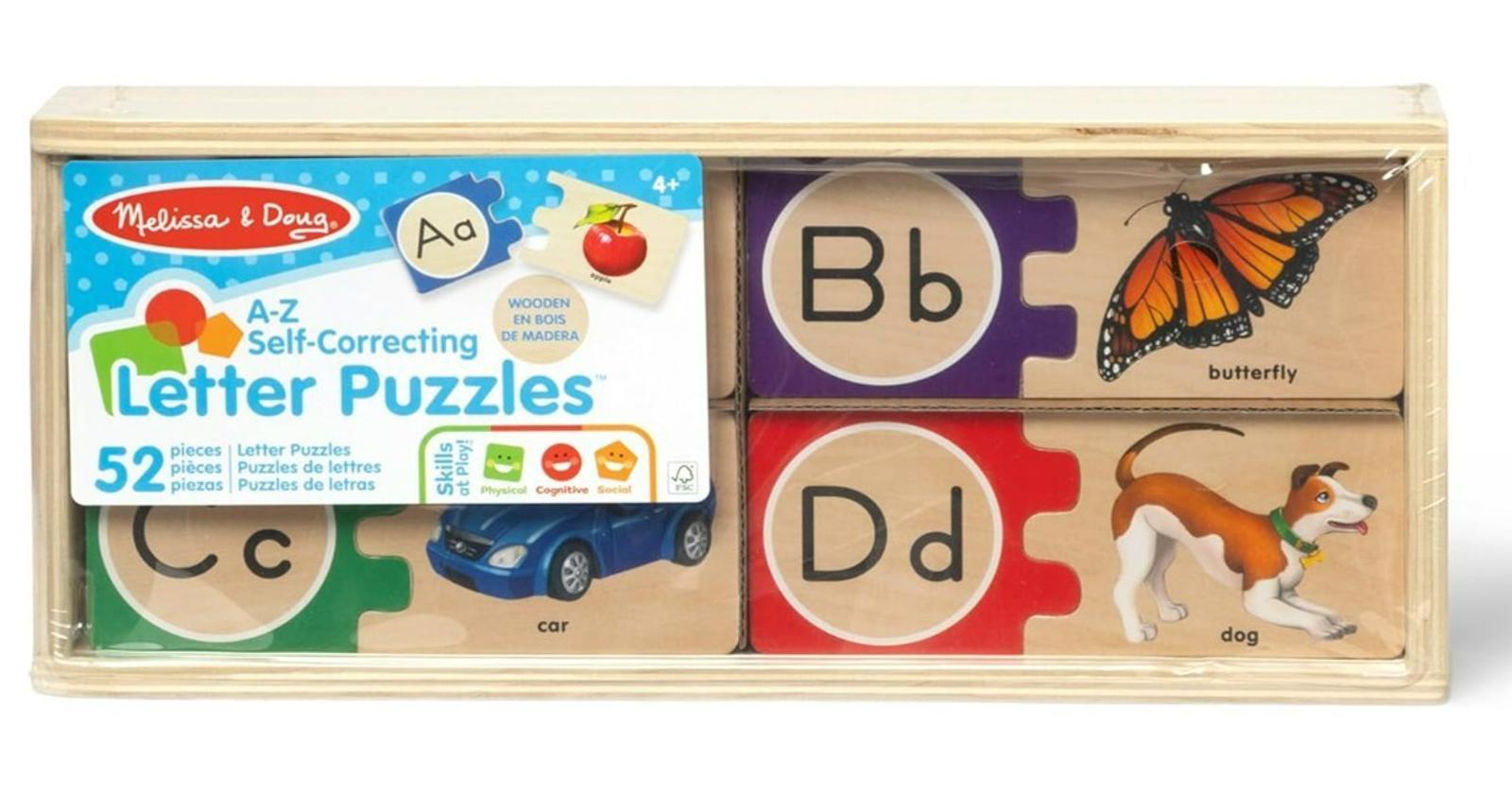 A-Z Self-Correcting Letter Puzzles by Melissa & Doug featuring colorful blocks with letters and images.