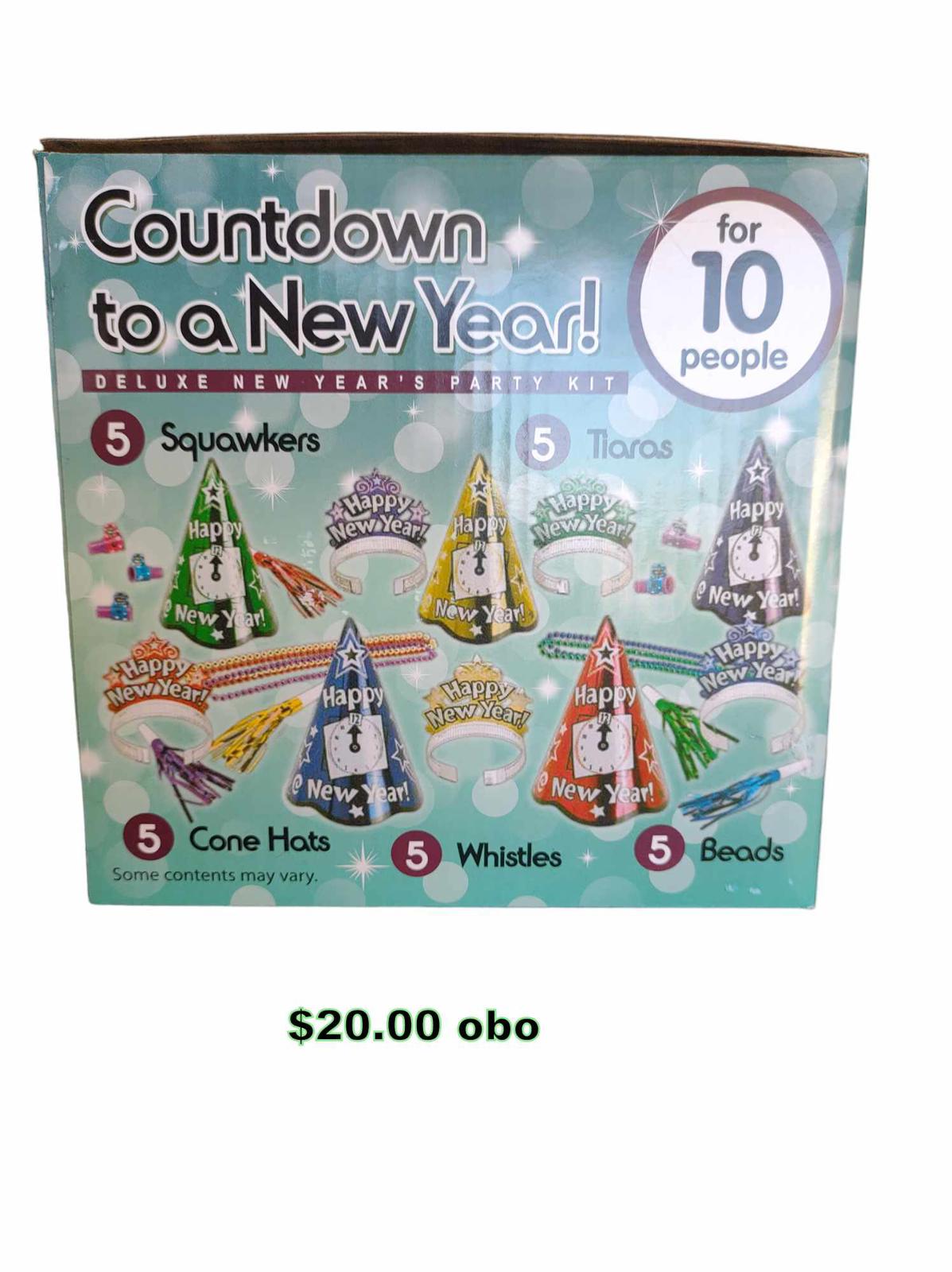 Countdown to a New Year! party kit for 10 people featuring squawkers, tiaras, and more.