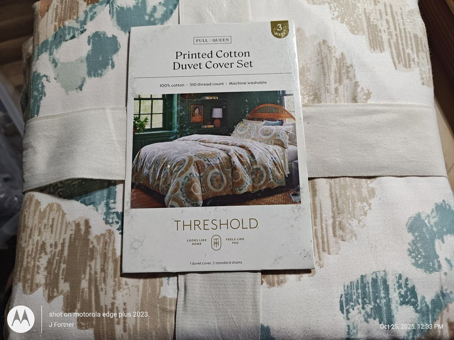 New Threshold  Duvet Cover and Sham Set Cotton Ivory Suzani Ivory Teal