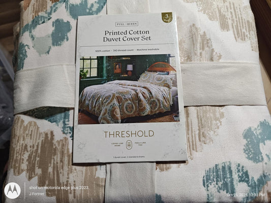 New Threshold  Duvet Cover and Sham Set Cotton Ivory Suzani Ivory Teal