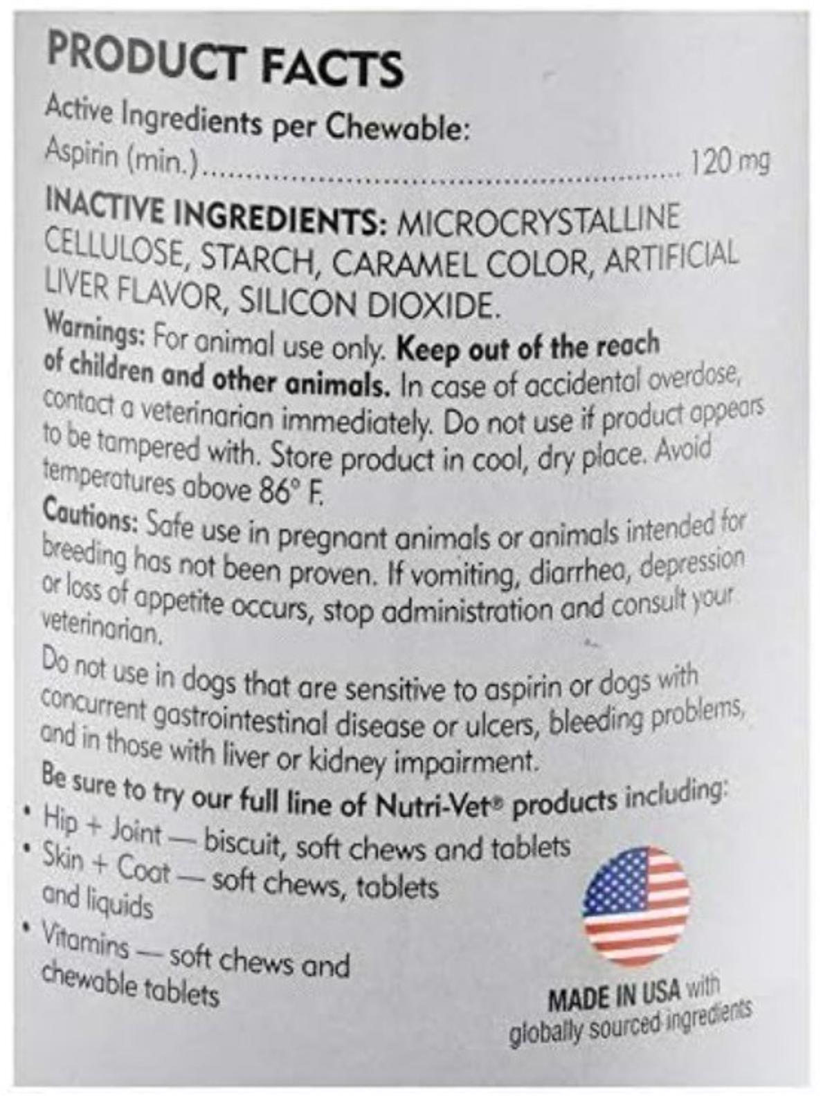 Nutri-Vet Aspirin for Small Dogs 100 count tabs Brand New