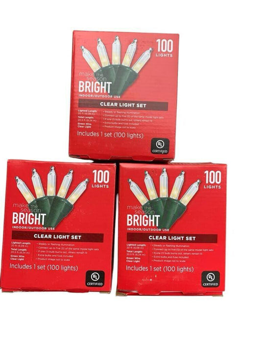 3 pack  Season Bright 100-Count Clear Light Set 20 Ft Green Wire Indoor/Outdoor