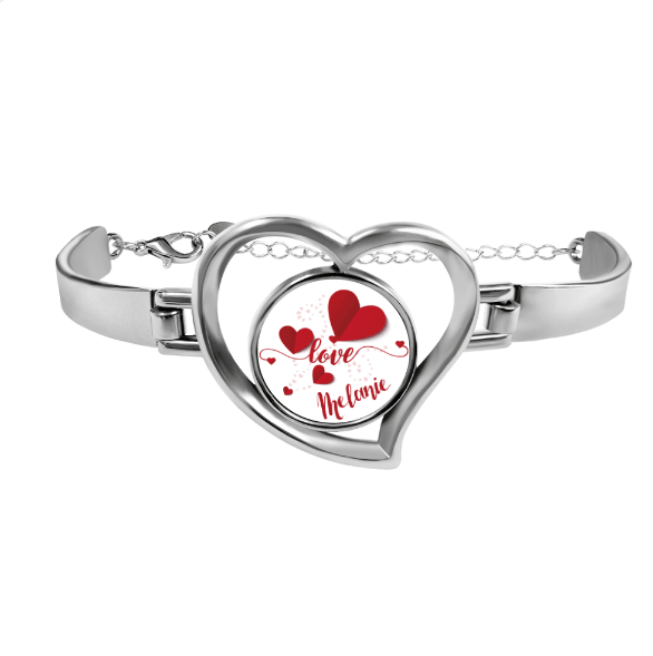 Personalized Name Heart Bangle Bracelet | Custom Name Love Charm in Open Heart | Silver
