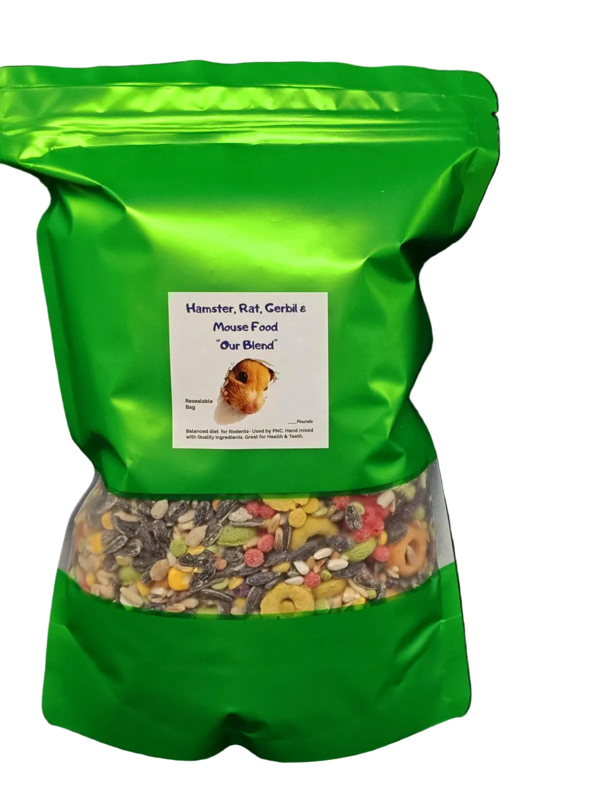 Green bag of pet food with a label on a black textured background