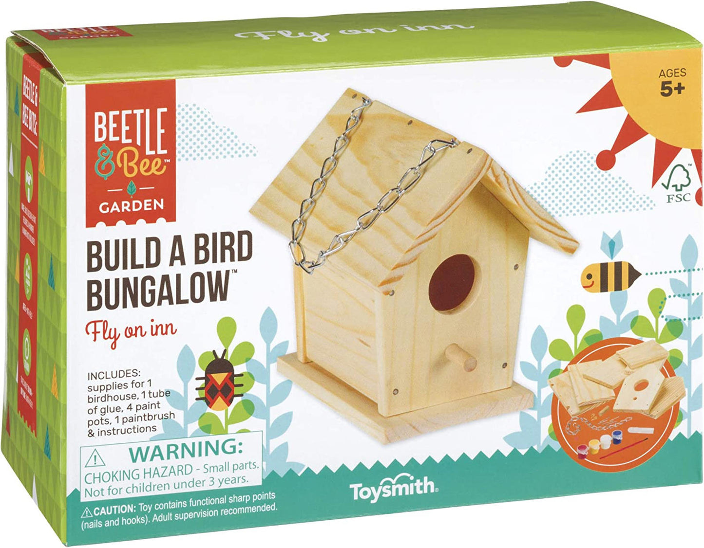 Build a Bird Bungalow kit by Beetle & Bee, featuring a wooden birdhouse with a chain and colorful packaging.
