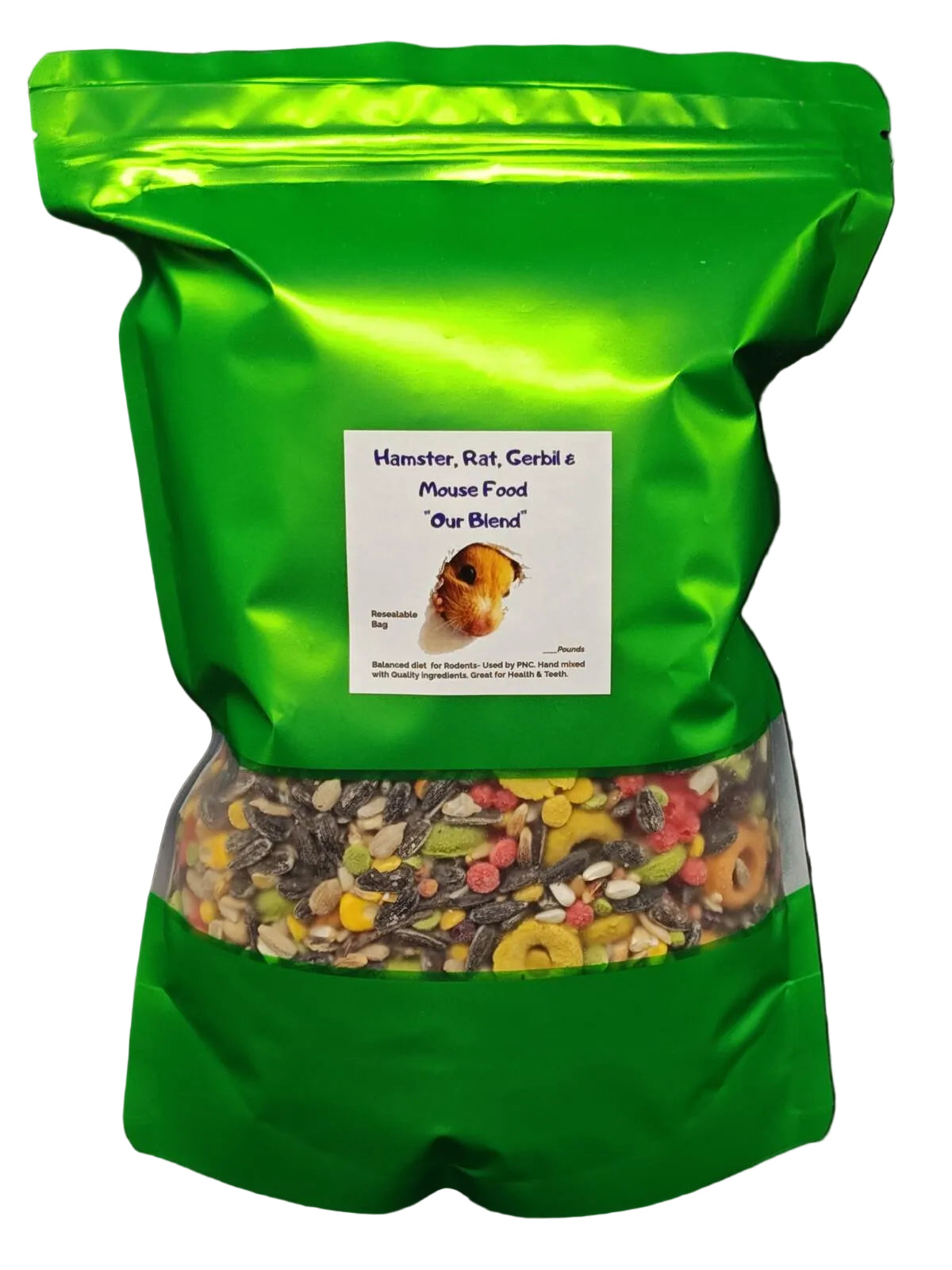 Green bag of pet food with a label on a black textured background