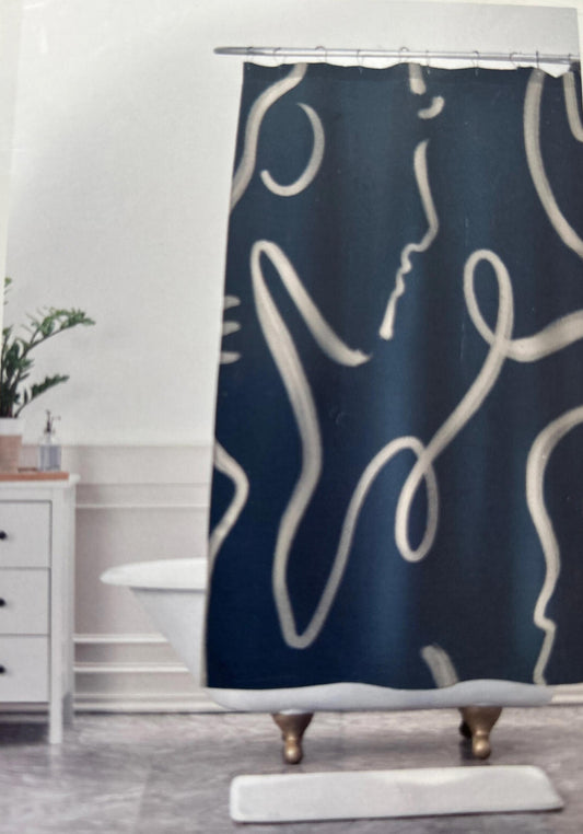 Abstract Line Art Shower Curtain featuring a dark blue background with white line drawings.