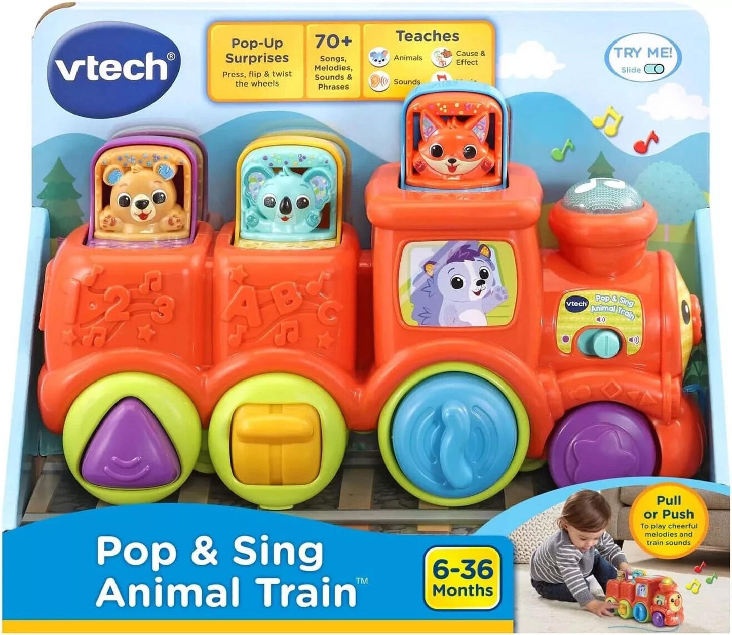 VTech Pop and Sing Animal Train with colorful animal characters and interactive buttons for toddlers.
