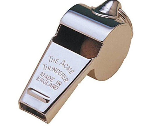 Acme Thunderer whistle with a shiny silver finish, made in England.